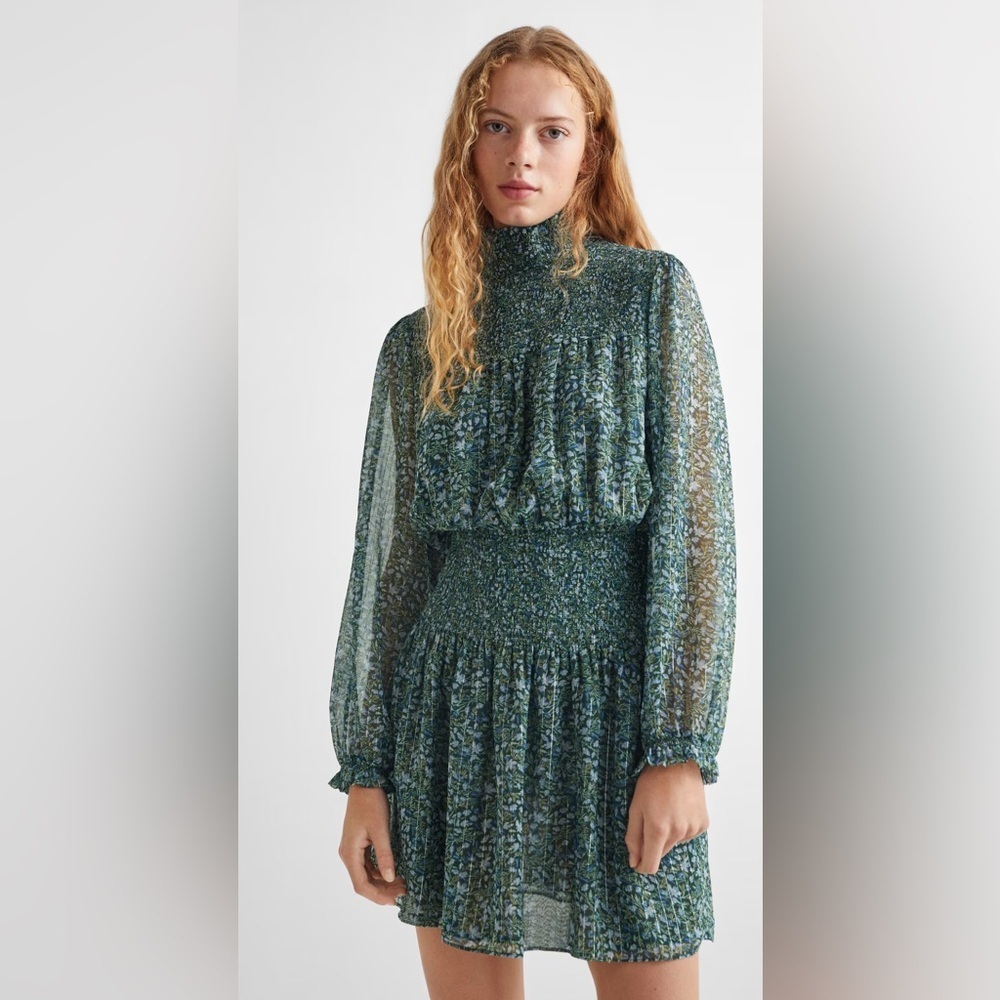 NWT MNG Mango Printed Ruched Dress in Green Size XS